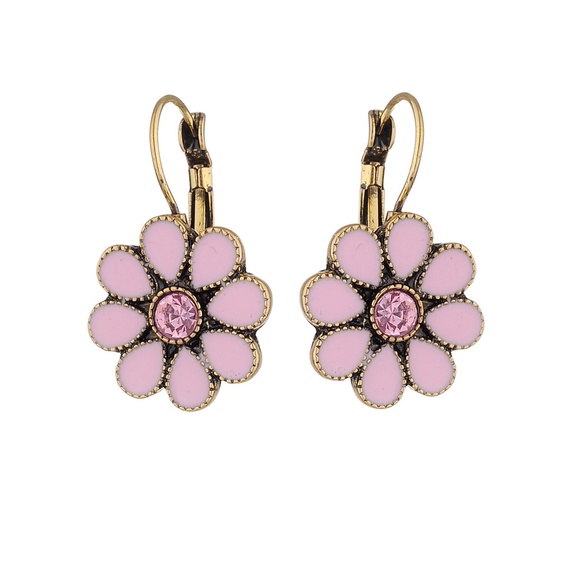 PINK & GOLD FLOWER EARRINGS W/ STONES - Picture 1 of 4